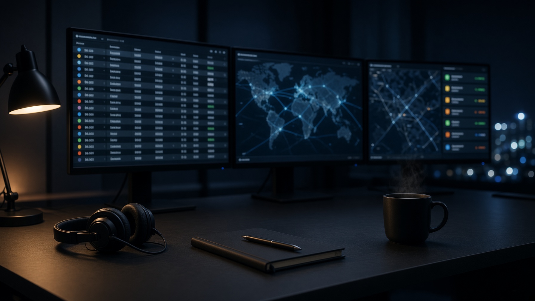 Illustrative operations desk with dispatch monitors.