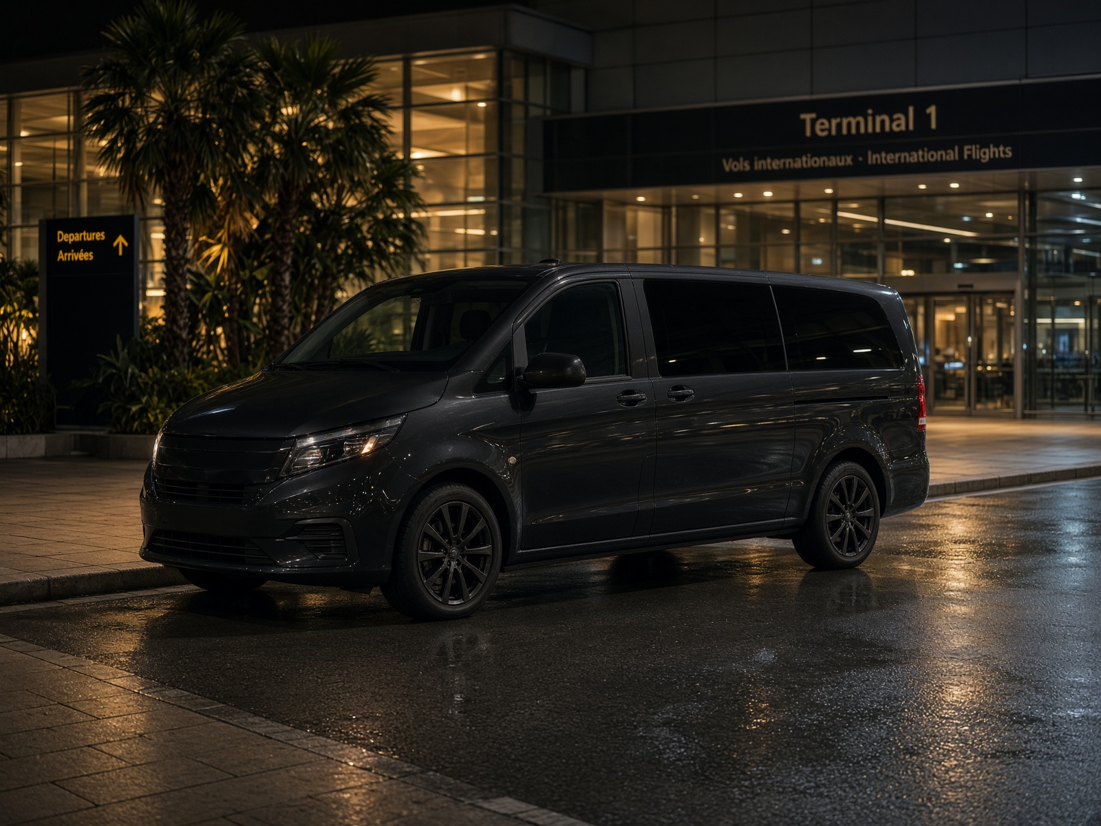Executive van at an airport curb.